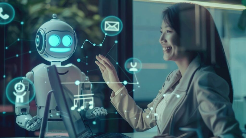 Professional interacting with a friendly AI robot, surrounded by digital icons representing email, user engagement, and automation, symbolising the automation of lead nurturing sequences with AI technology