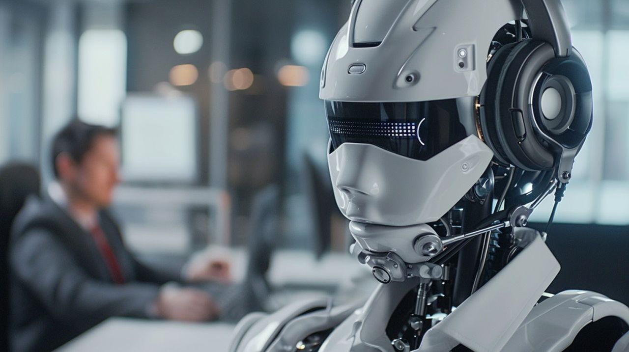 A sleek, modern AI robot wearing headphones sits in a futuristic office environment, symbolising advanced technology used to automate outbound sales calls. A business professional works in the background, highlighting the integration of AI solutions in enhancing sales productivity.