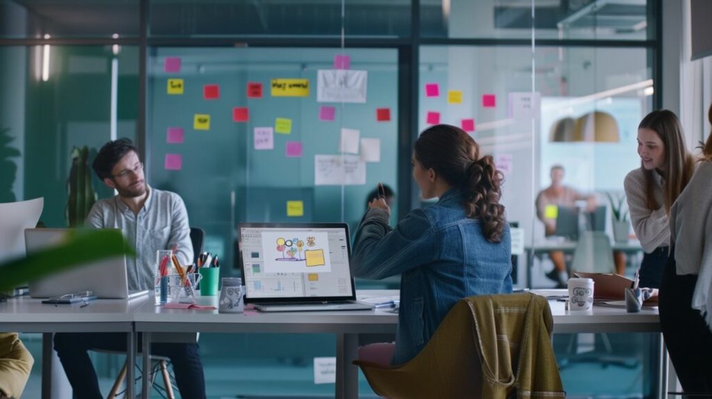 Team of professionals working in a modern office with laptops and sticky notes, representing the continuous optimisation of campaigns through collaborative efforts and data analysis