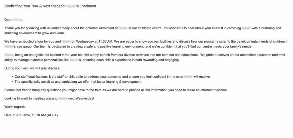 Email confirmation of a tour and enrolment steps at a childcare centre, demonstrating the use of AI-enhanced call transcriptions for personalising email communication and improving customer engagement