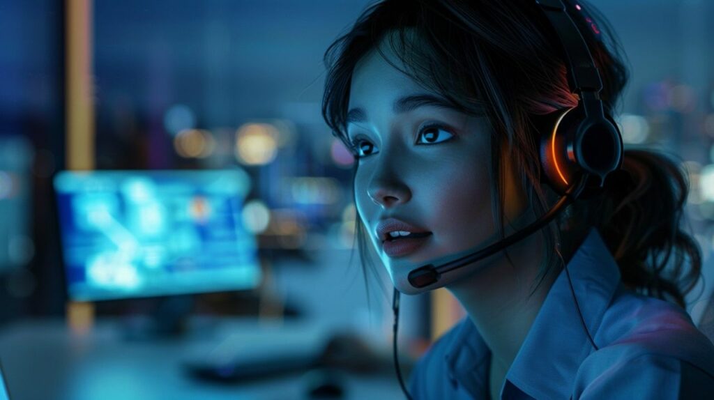 A professional woman wearing a headset is illuminated by the glow of computer screens in a modern office setting, representing the shift from repetitive call scripts to personalised AI-driven conversations that enhance customer engagement and sales effectiveness.