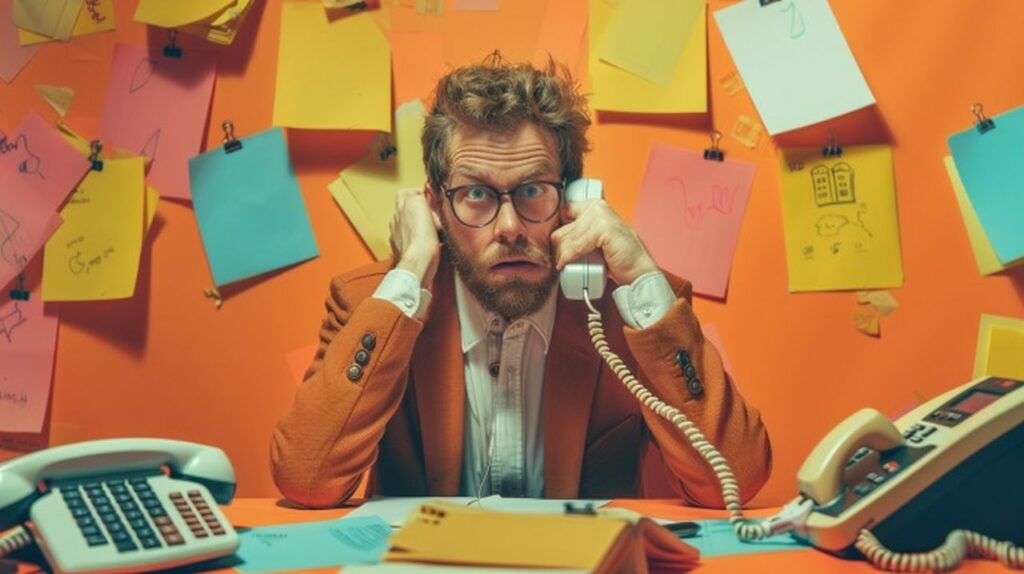 A stressed business professional in an orange suit is overwhelmed with multiple phones and scattered notes, symbolising the chaos and inefficiency of traditional outbound calling methods. The colourful, cluttered background highlights the need for more organised and efficient sales processes.
