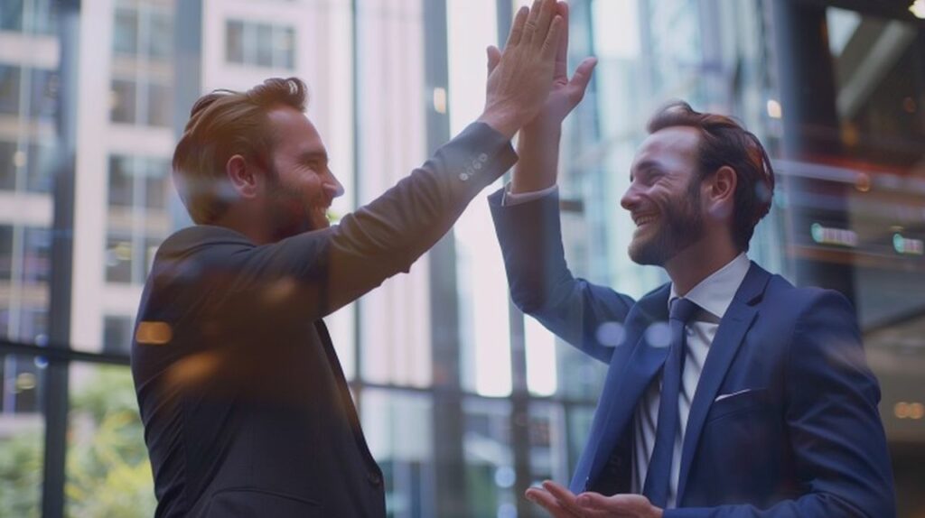 Two business professionals in suits celebrate with a high-five in a modern office building, symbolising the success and high performance of a sales team. The bright and dynamic environment reflects the positive impact of effective sales strategies and teamwork in achieving business goals.