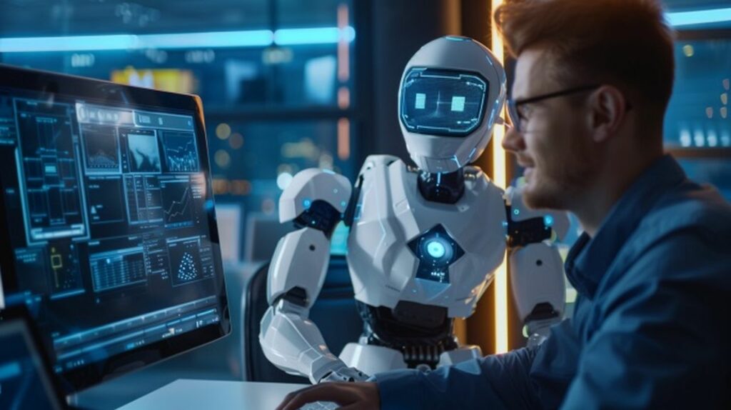 Professional collaborating with a futuristic robot while analysing data on a computer screen, illustrating the use of intelligent AI-driven feedback to streamline sales coaching processes
