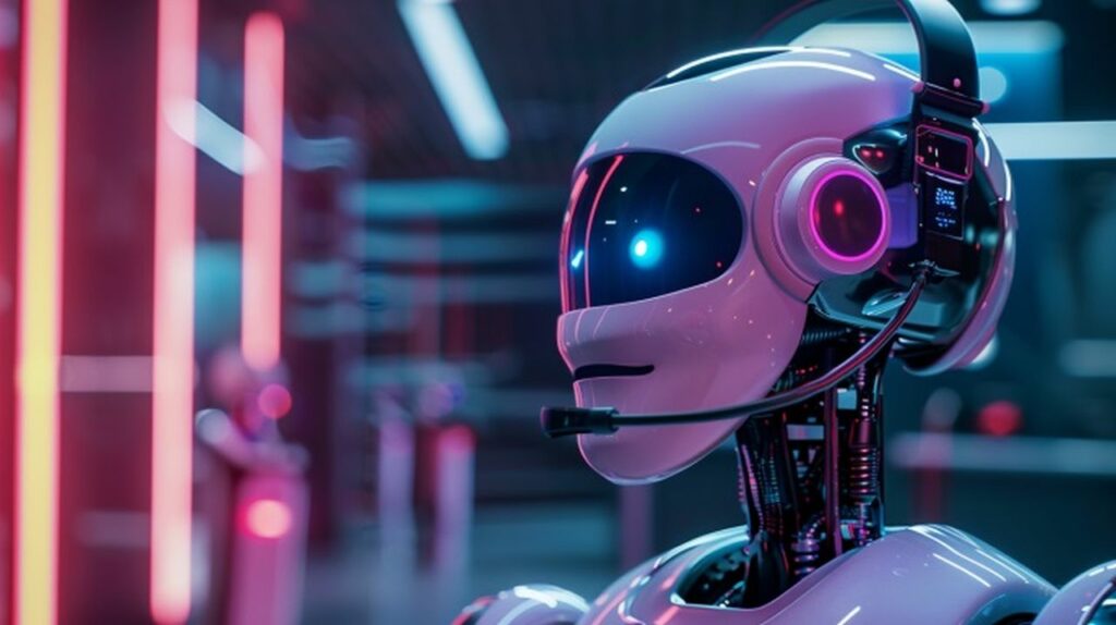 A futuristic AI robot equipped with a headset stands in a vibrant, neon-lit environment, symbolising the cutting-edge technology used in automating outbound sales calls. The glowing lights and advanced design underscore the efficiency and innovation brought by AI-driven sales solutions.