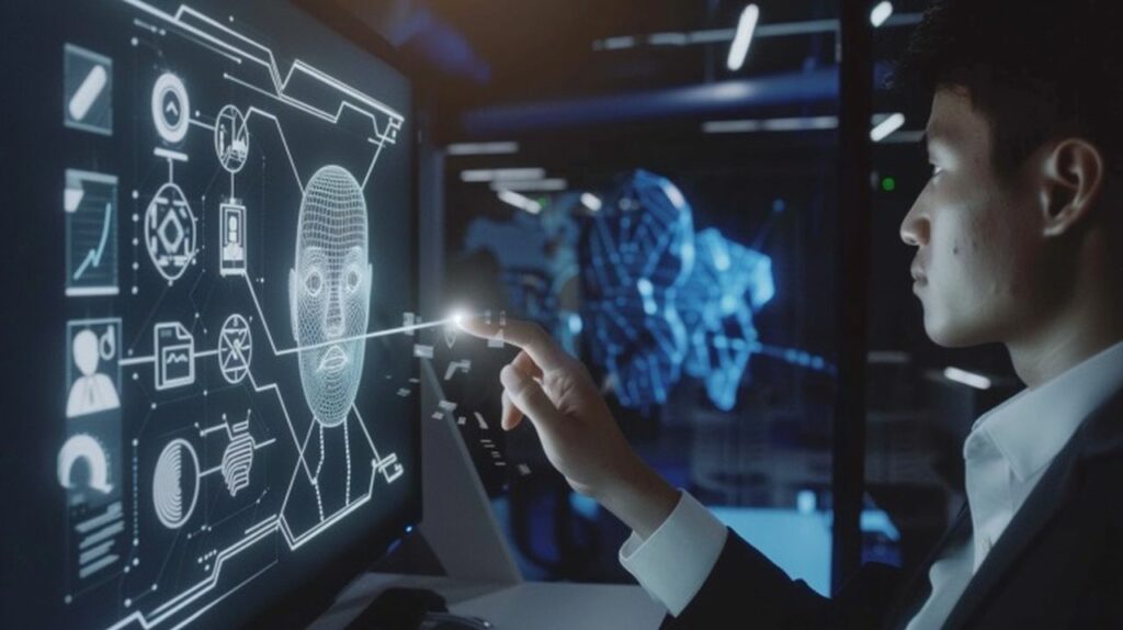 A professional interacts with a high-tech interface displaying a digital face and various data points, symbolising the use of advanced AI to gather and analyse customer insights. The futuristic setting highlights the potential of AI technology in understanding and engaging customers more effectively.