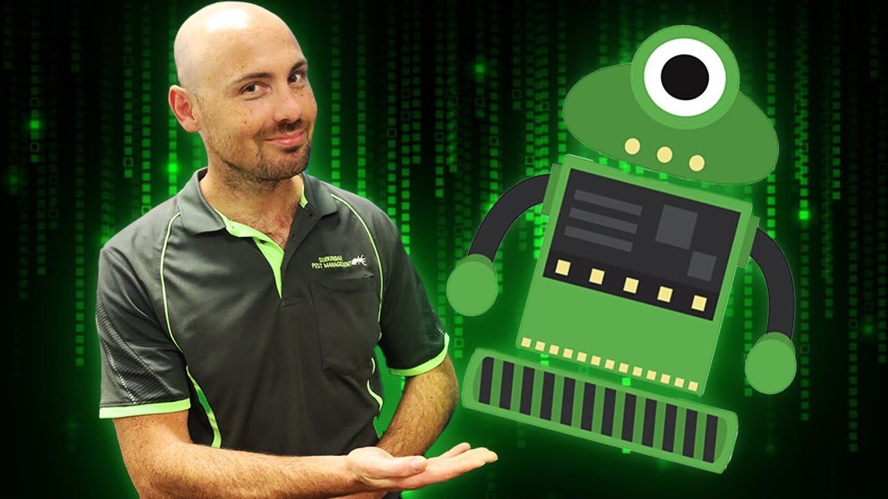 Professional from Suburban Pest Management presenting an AI-driven robot with a green digital background, showcasing the success of AI chatbots in transforming the pest management industry