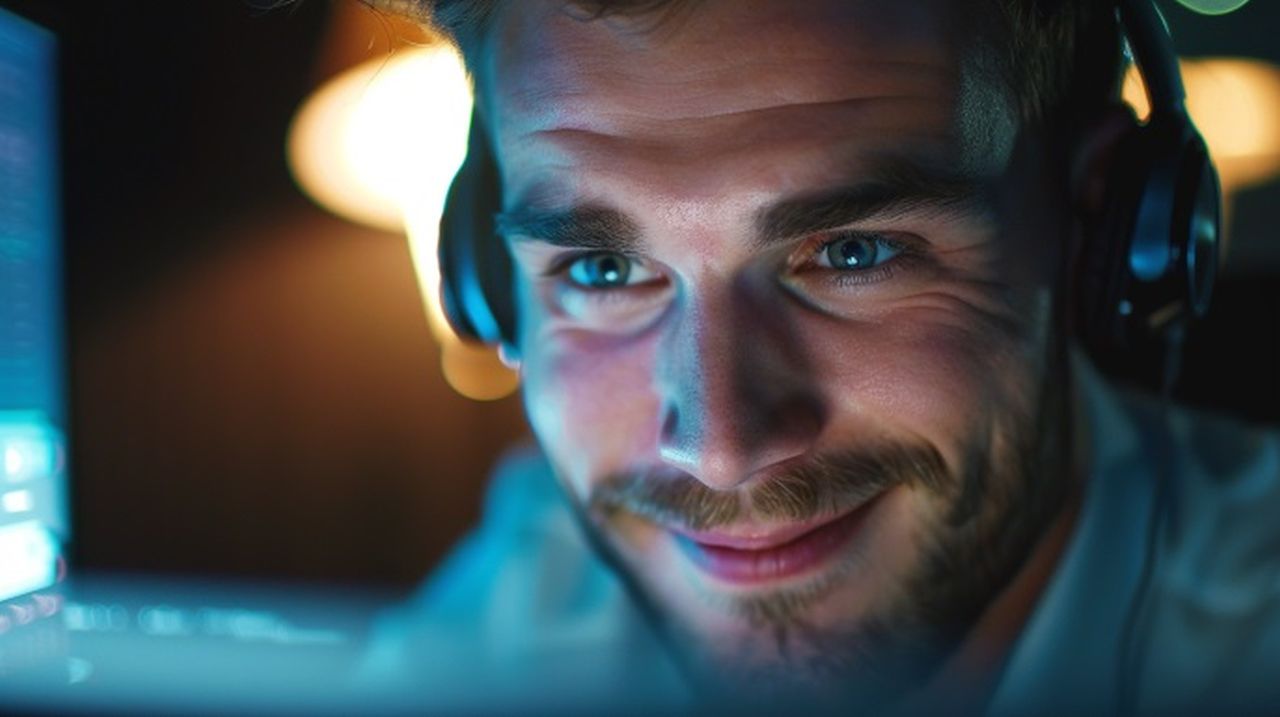 Close-up of a professional wearing a headset, smiling confidently while working, illustrating the power of AI-driven call transcription to unlock hidden sales opportunities