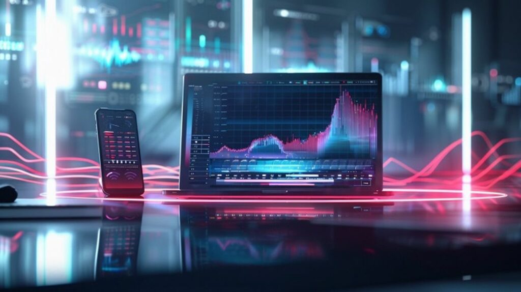 High-tech setup with a laptop and smartphone displaying data analytics, illustrating the power of call transcriptions to provide valuable business insights and improve decision-making