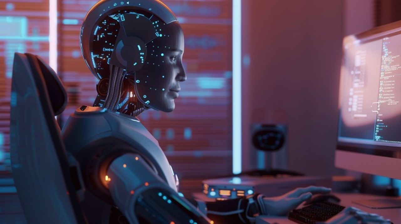 A robot working on a computer, symbolising the automation of lead nurturing campaigns with AI to save time and enhance efficiency in email marketing