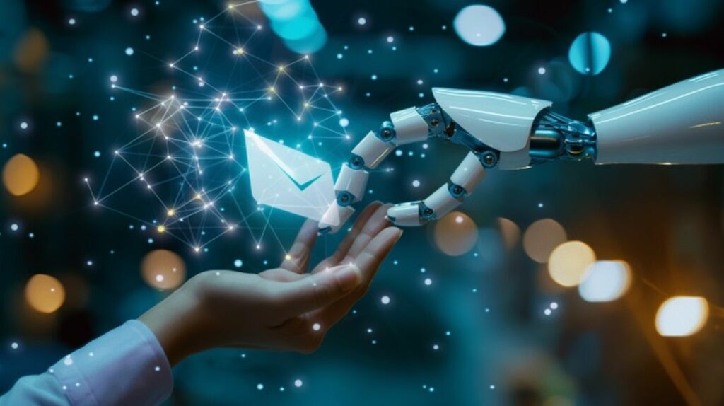 A robotic hand passing an email icon to a human hand, symbolising the personalisation of email outreach using AI technology, with a futuristic digital background
