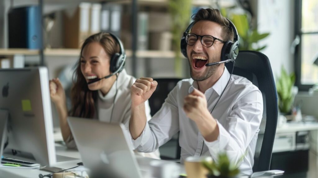 Two business professionals, wearing headsets, celebrate joyfully in a modern office environment, symbolising the success and efficiency achieved through AI-driven sales solutions. The bright and energetic atmosphere reflects the positive impact of innovative technology on team performance and scalability.