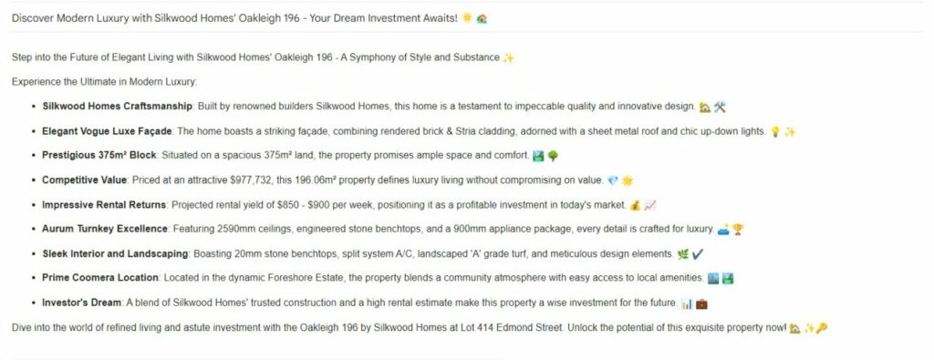 Description of modern luxury features of Silkwood Homes' Oakleigh 196, highlighting the transformation of a client's email outreach through personalised insights derived from call transcription