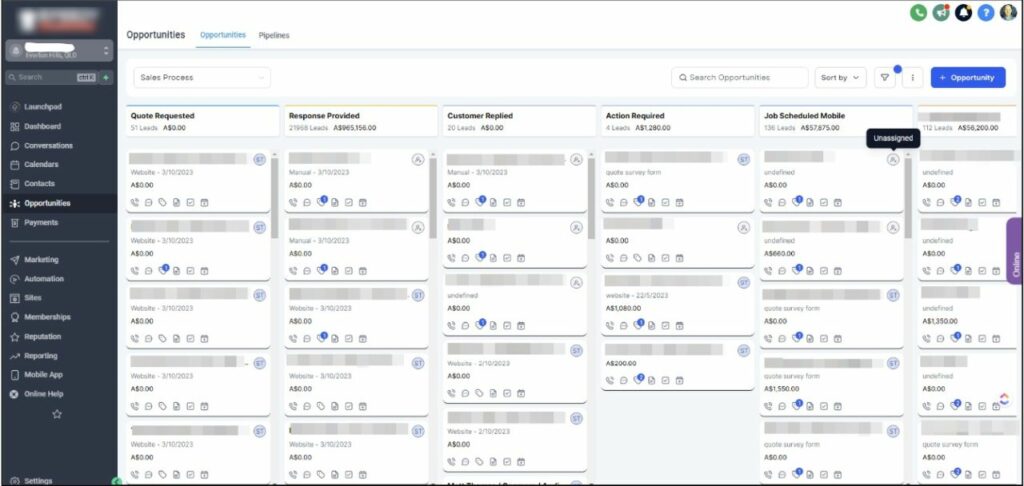 A CRM dashboard showcasing various opportunities and stages of the sales process, illustrating the seamless integration of AI solutions to enhance sales management and customer relationship tracking. The organised layout highlights the efficiency and effectiveness of incorporating advanced technology into CRM systems.
